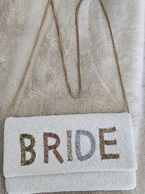 Beaded 'BRIDE' White Crossbody Clutch with Gold Chain